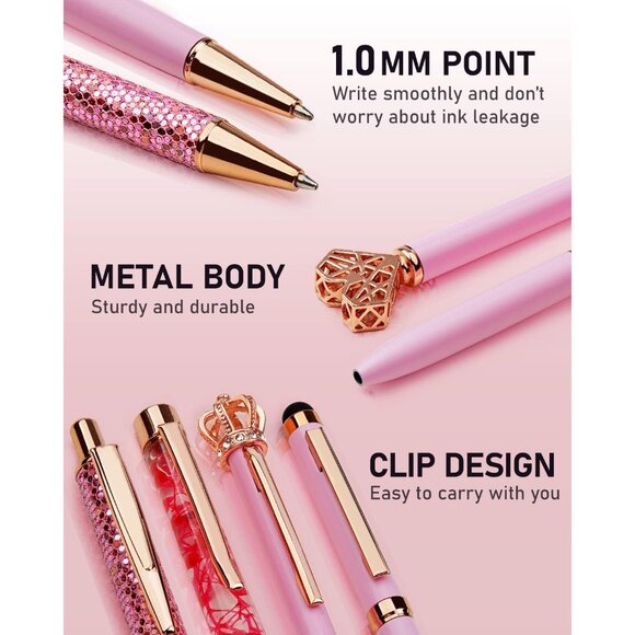 8Pcs Ballpoint Pens Set Metal Crystal Diamond Glitter for Journaling Pink Pen Bl - Picture 6 of 9